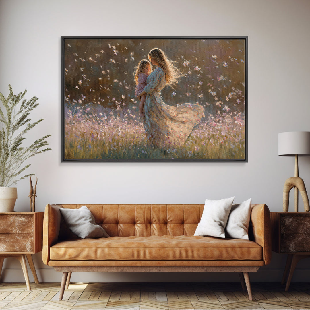 Sunlit Mother And Child Flower Field Canvas Print, Floral Wall Art, Feminine Bedroom Decor, Gift For Mom, Boho Home Decor