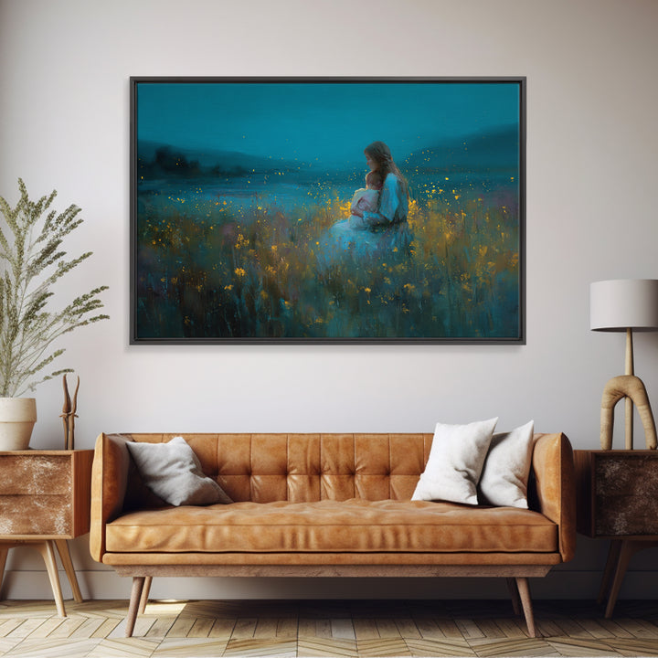 Twilight Mother And Baby In Firefly Meadow Wall Art, Floral Nursery Decor, Motherhood Gift, Living Room Art, Fine Art Print