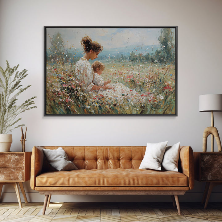 Seated Mother And Child In Sunlit Meadow Wall Art, Impressionist Floral Canvas, Nursery Decor, Housewarming Gift, Living Room Decor