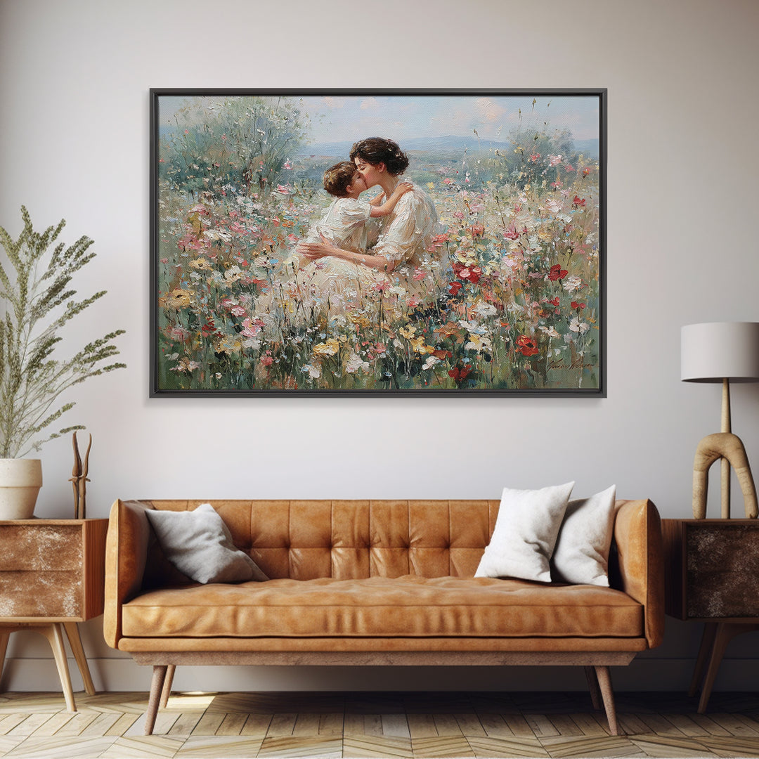 Mother Kissing Child In Romantic Wildflower Field Framed Canvas Print, Floral Wall Art, Feminine Decor, Gift For Her, Nursery Wall Art