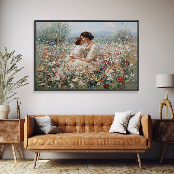 Mother Kissing Child In Romantic Wildflower Field Framed Canvas Print, Floral Wall Art, Feminine Decor, Gift For Her, Nursery Wall Art