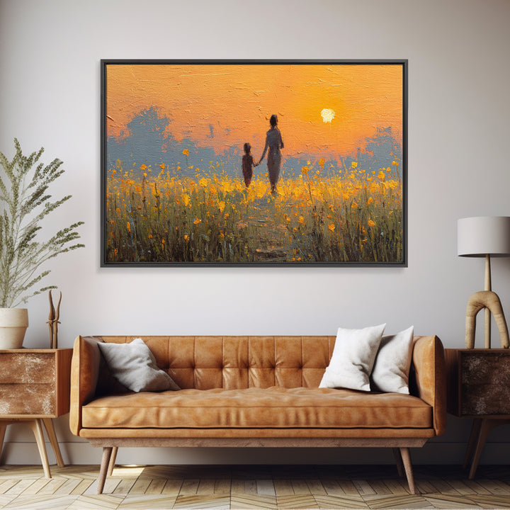 Sunset Silhouette Mother And Child In Yellow Field Wall Art, Warm Landscape Print, Nursery Decor, Above Bed Art, Gift For Her