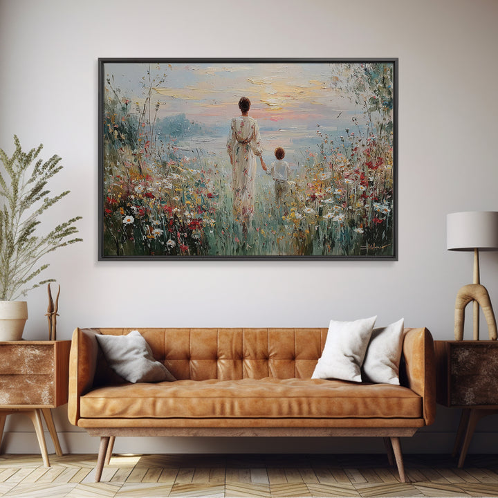 Mother And Child Walking To Lake At Sunset Framed Canvas Print, Wildflower Wall Art, Coastal Decor, Housewarming Gift, Living Room Art