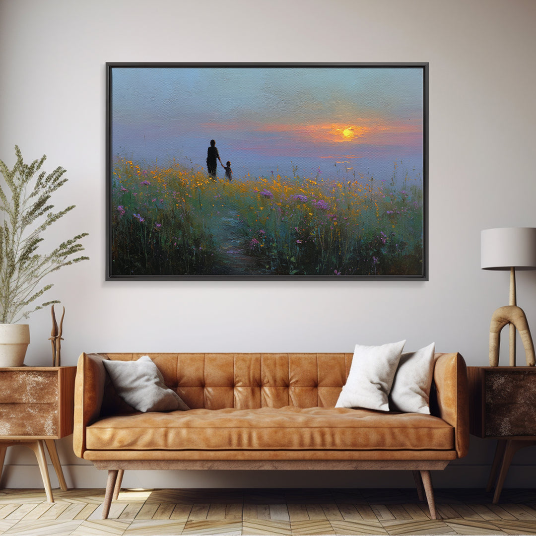 Mother And Child Meadow Sunset Wall Art, Impressionist Wildflower Landscape Print, Peaceful Nature Decor, Gift For Mom, Living Room Decor