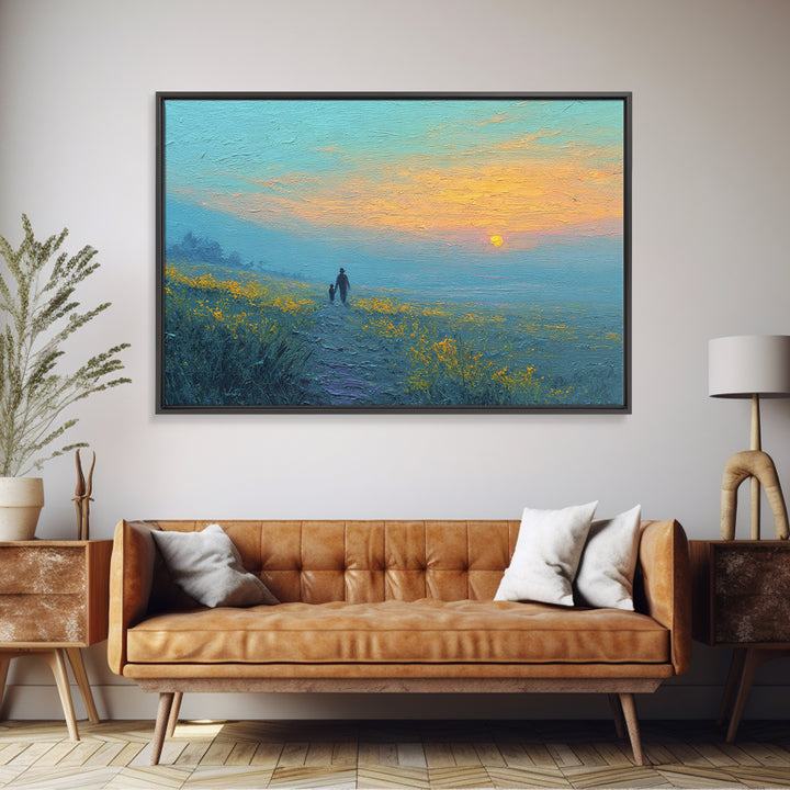Parent And Child Sunset Path Canvas Print, Blue Yellow Wildflower Meadow Landscape, Calming Wall Art, Gift For Mom, Living Room Decor