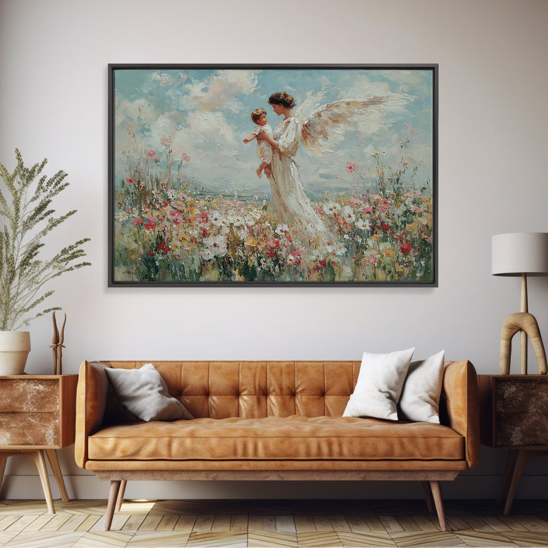 Guardian Angel Holding Child Framed Canvas Print, Heavenly Wildflower Meadow Painting, Christian Wall Art, Nursery Decor Gift