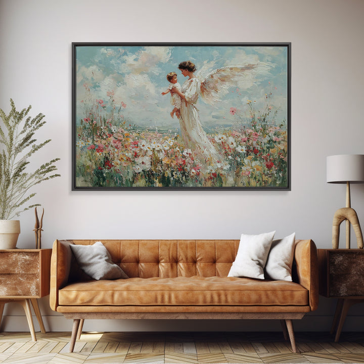 Guardian Angel Holding Child Framed Canvas Print, Heavenly Wildflower Meadow Painting, Christian Wall Art, Nursery Decor Gift