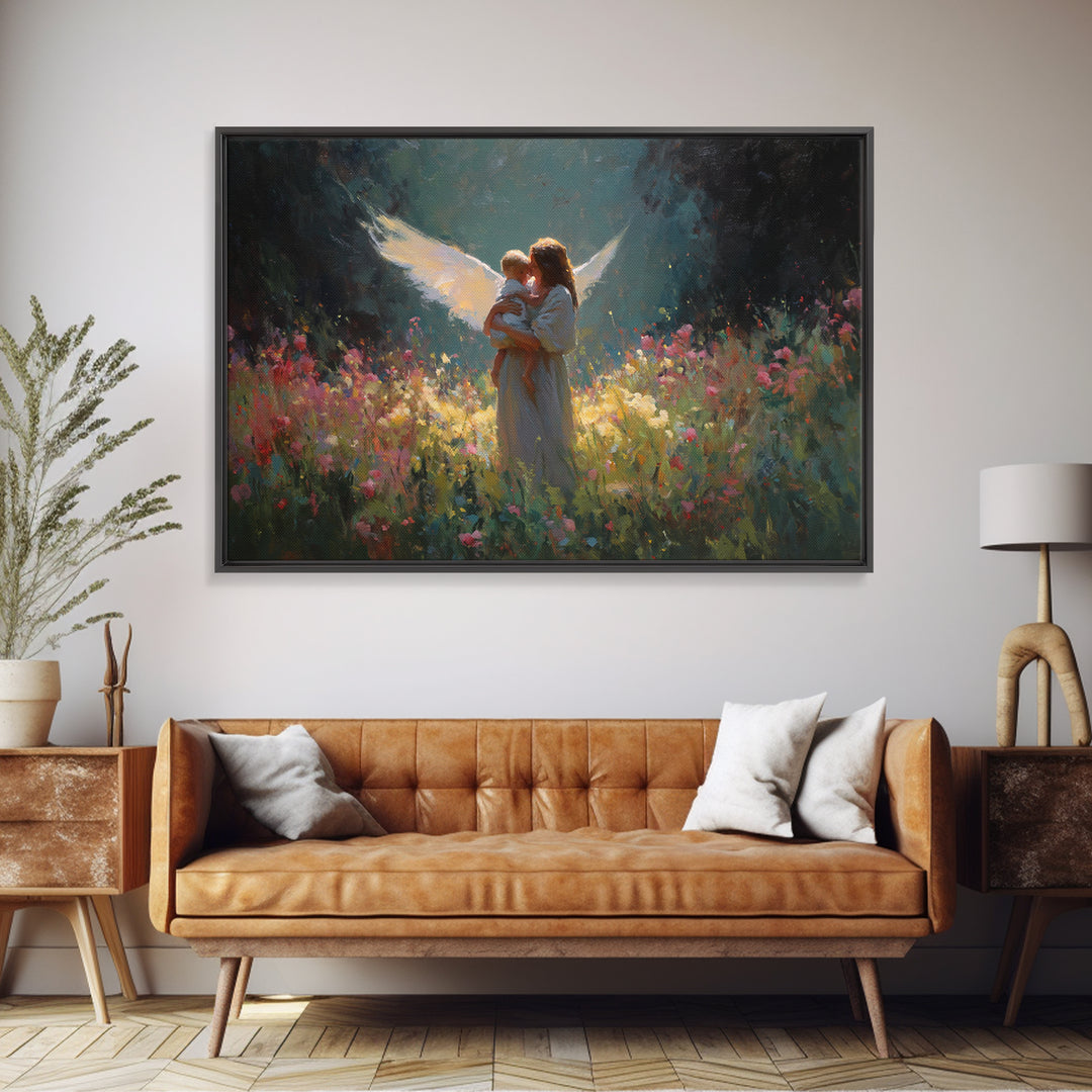 Glowing Guardian Angel And Child Wall Art, Dark Floral Meadow Painting, Christian Nursery Decor, Spiritual Gift For Mom, Home Decor