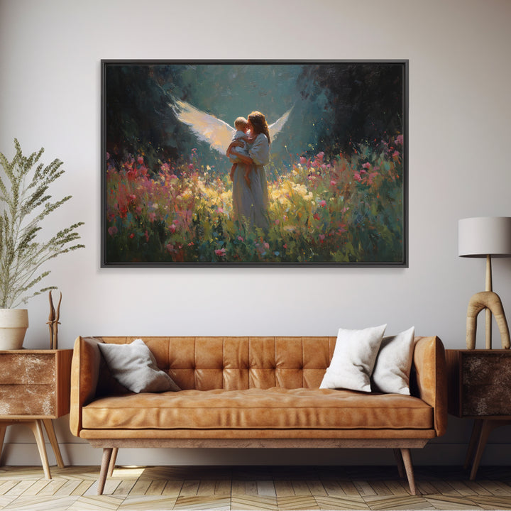 Glowing Guardian Angel And Child Wall Art, Dark Floral Meadow Painting, Christian Nursery Decor, Spiritual Gift For Mom, Home Decor