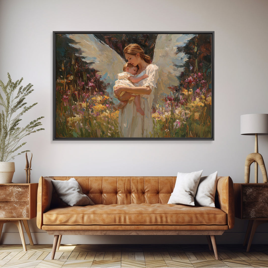 Angel Mother Cradling Baby In Garden Canvas Print, Soft White Wings Floral Painting, Christian Nursery Wall Art, Gift For Mom