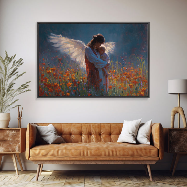 Angel Mother Holding Baby In Poppy Meadow Wall Art, Dark Blue Floral Painting, Christian Nursery Decor, Spiritual Gift For Mom
