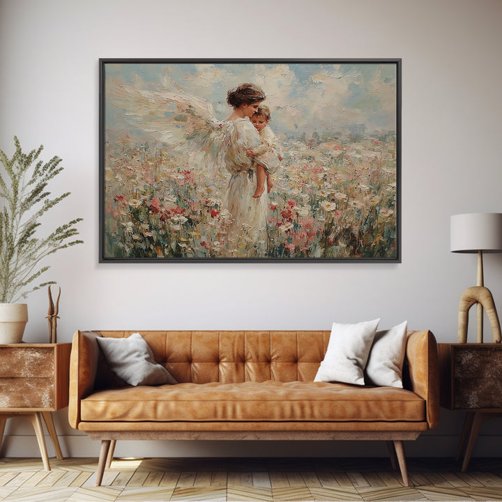 Guardian Angel Mother And Child In Wildflower Meadow Wall Art, Impressionist Oil Painting, Nursery Decor, Gift For Mom, Baby Shower Gift