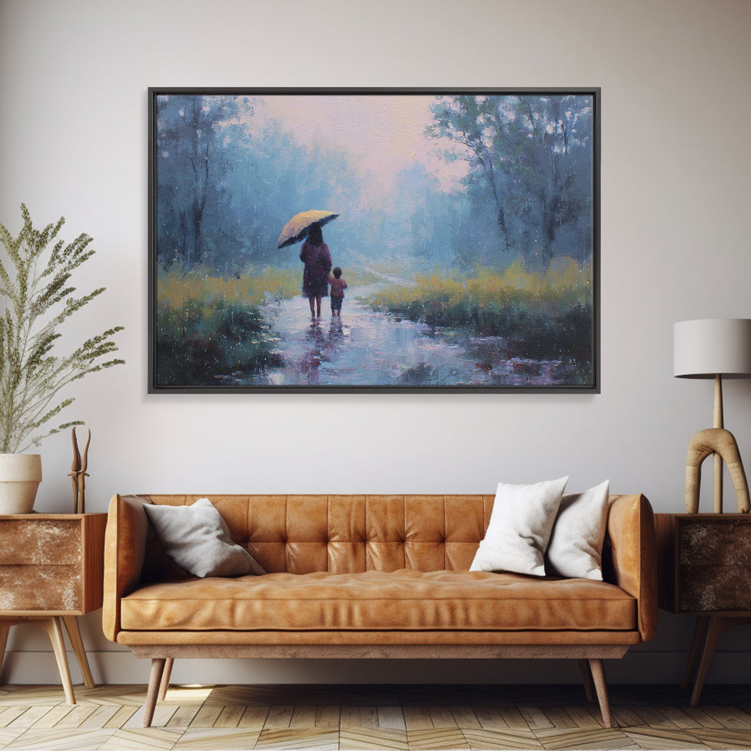 Mother And Child Walking In Rainy Blue Forest Wall Art, Impressionist Landscape Painting, Calming Bedroom Decor, Gift For Her