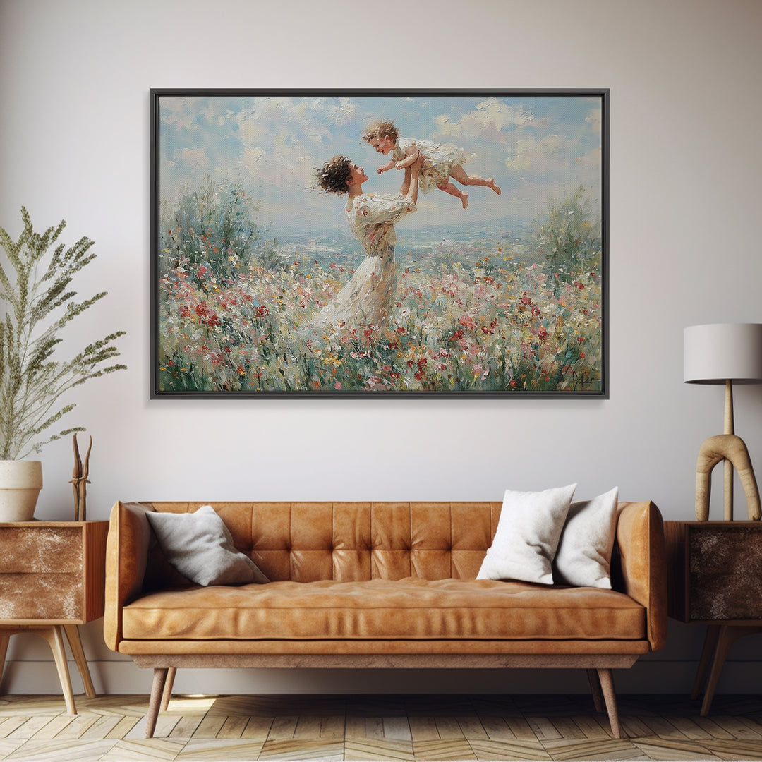 Mother Lifting Baby In Soft Floral Meadow Wall Art, Impressionist Oil Painting, Feminine Nursery Decor, Baby Shower Gift