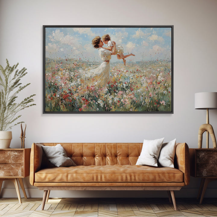 Mother Holding Baby In Breezy White Dress Wall Art, Soft Wildflower Meadow Oil Painting, Feminine Nursery Decor, Gift For Mom