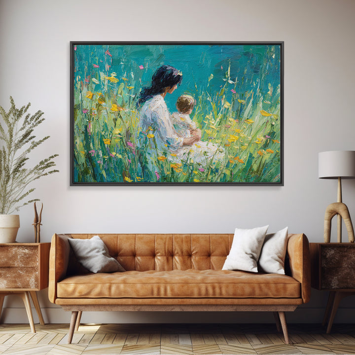 Mother Holding Baby In Teal Wildflower Garden Canvas Print, Impressionist Floral Wall Decor, Nursery Art, Living Room Art, Gift For Mom