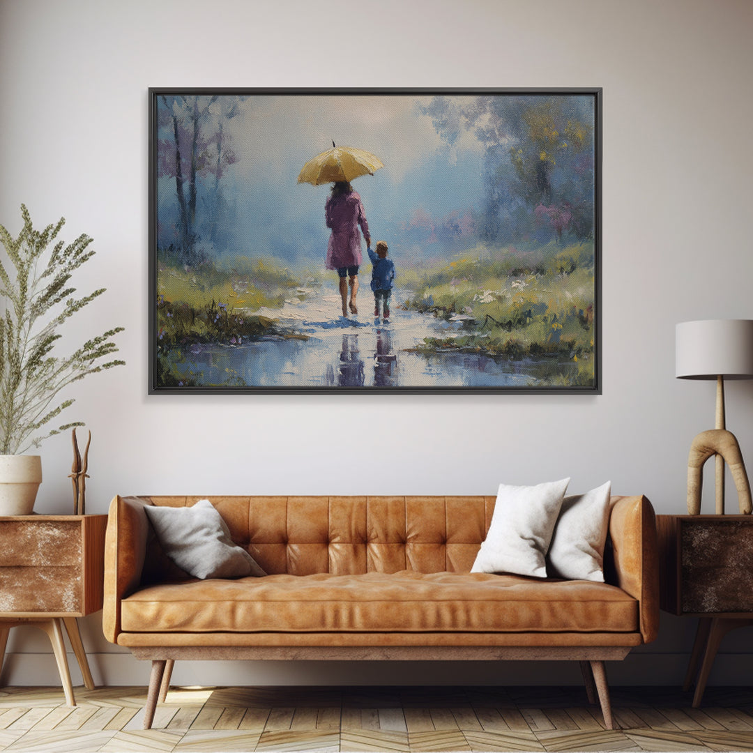 Mother And Child With Yellow Umbrella Rainy Path Canvas Print, Impressionist Landscape Art, Cozy Nursery And Bedroom Decor