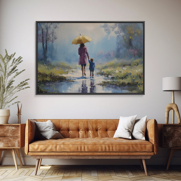 Mother And Child With Yellow Umbrella Rainy Path Canvas Print, Impressionist Landscape Art, Cozy Nursery And Bedroom Decor