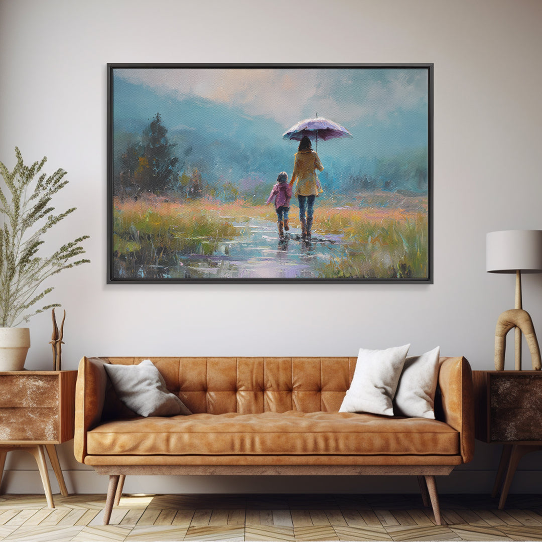 Mother And Child Walking With Umbrella Meadow Wall Art, Misty Mountain Landscape Print, Peaceful Nature Decor, Gift For Mom