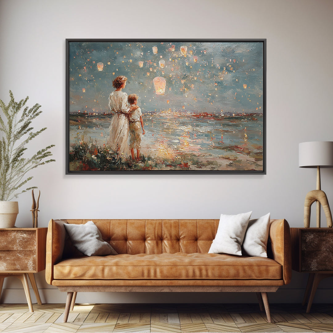 Mother And Son Watching Floating Lanterns Over Water Wall Art, Impressionist Night Lake Print, Romantic Coastal Home Decor