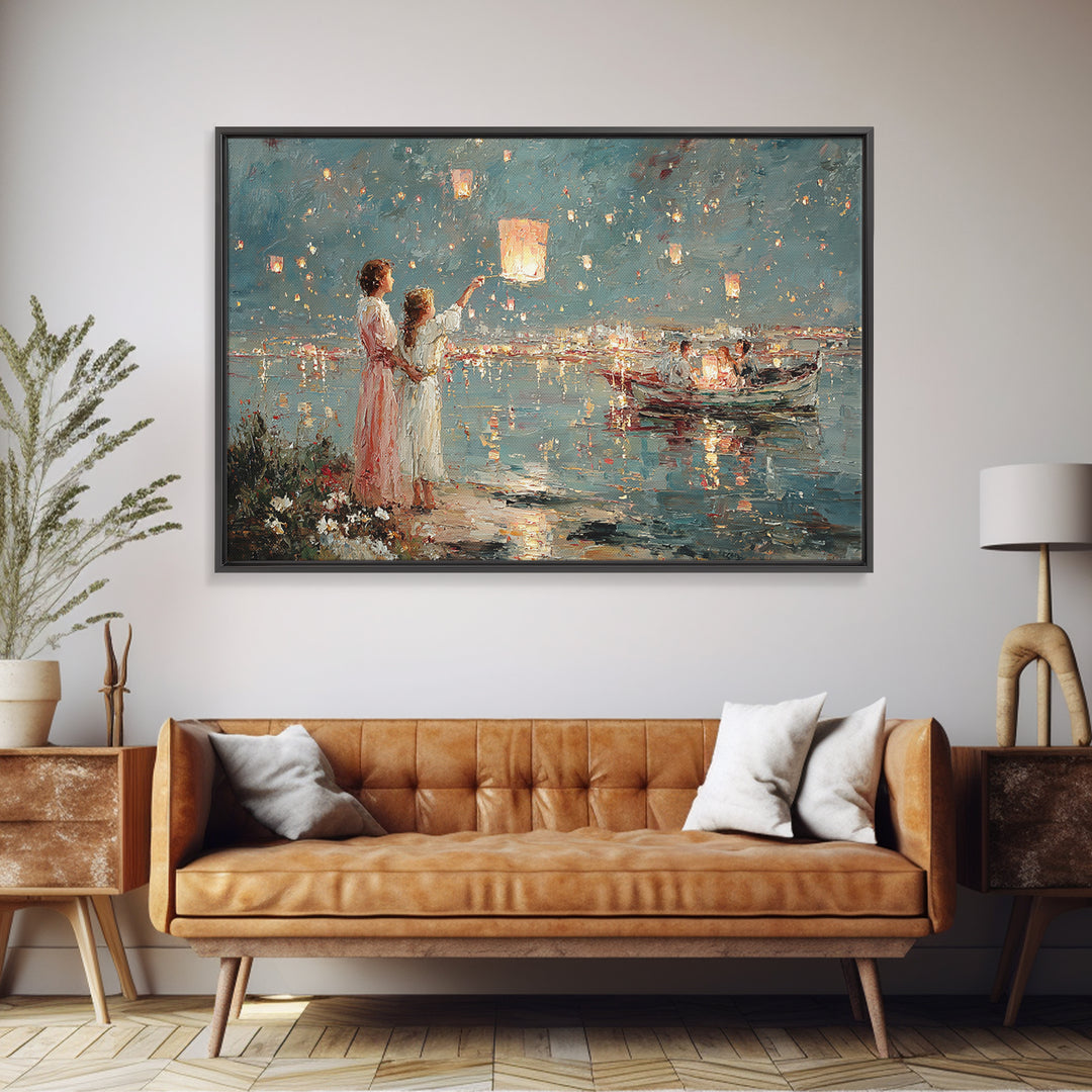 Mother And Daughter Releasing Sky Lanterns By Lake Canvas Print, Impressionist Coastal Night Art, Living Room Wall Decor