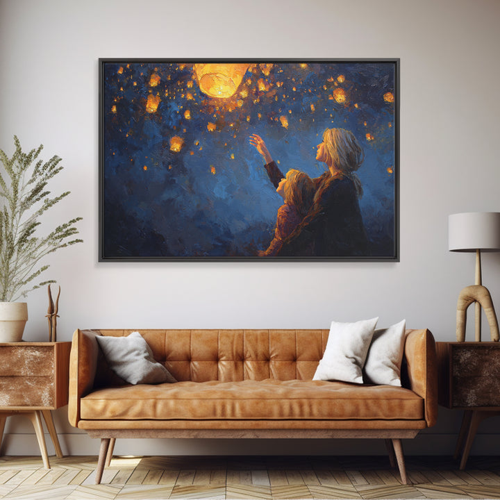 Mother And Child Reaching For Glowing Sky Lantern Canvas Print, Starry Night Wall Art, Celestial Nursery Decor, Gift For Mom
