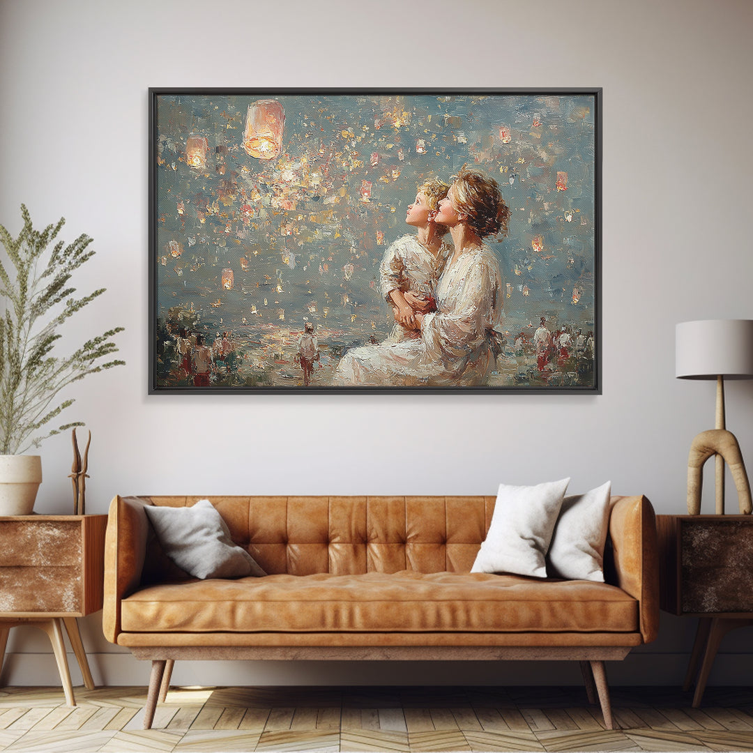 Mother And Child Lanterns By Water Framed Canvas Print, Impressionist Family Wall Art, Nursery Decor, Gift For Mom, Living Room Decor