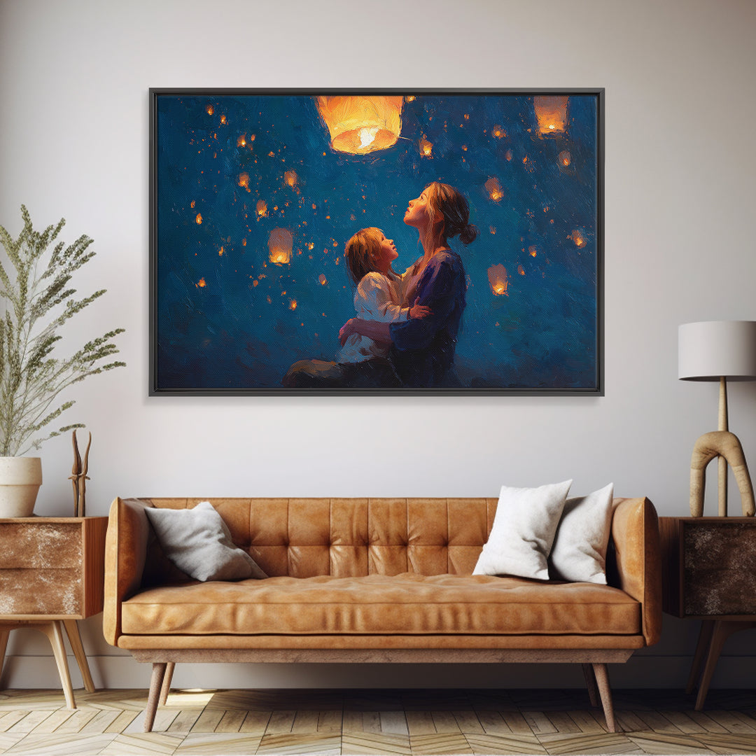 Mother And Child Sky Lanterns At Night Framed Canvas Print, Blue Celestial Wall Art, Nursery Decor, Gift For Mom, Bedroom Decor