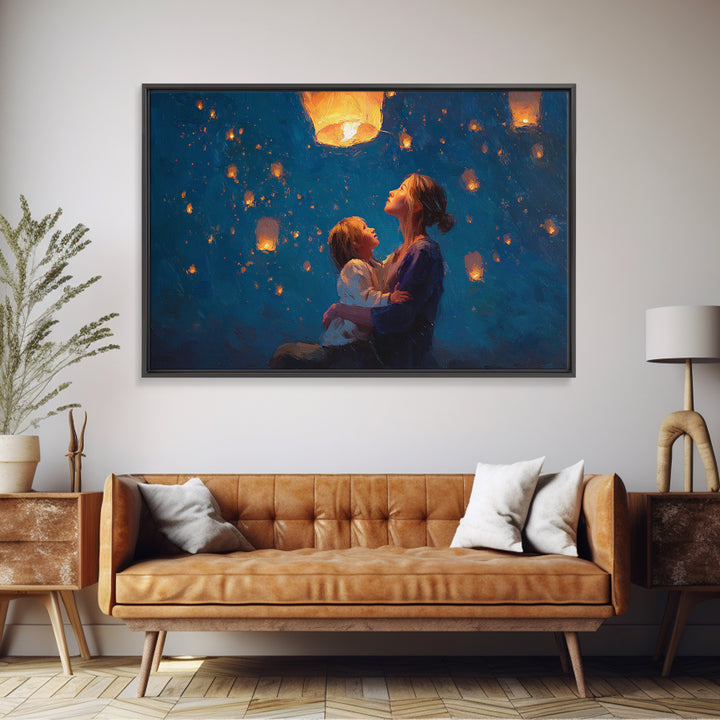 Mother And Child Sky Lanterns At Night Framed Canvas Print, Blue Celestial Wall Art, Nursery Decor, Gift For Mom, Bedroom Decor