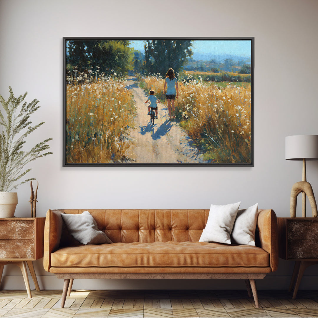 Mother And Child Bicycle Ride On Country Path Canvas Print, Golden Field Wall Art, Farmhouse Decor, Gift For Mom, Rustic Home Decor