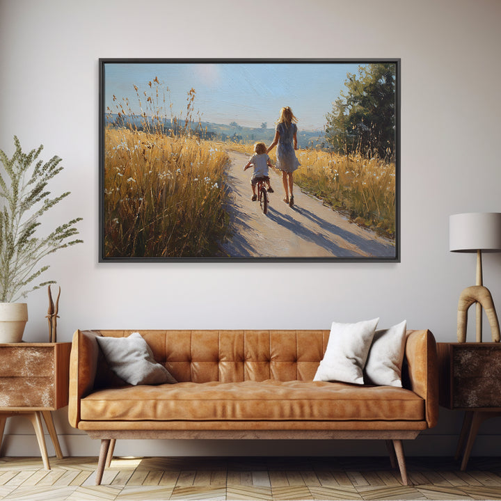 Mother And Child Bike Ride Through Wheat Fields Framed Canvas Print, Summer Landscape Wall Art, Gift For Mom, Home Decor