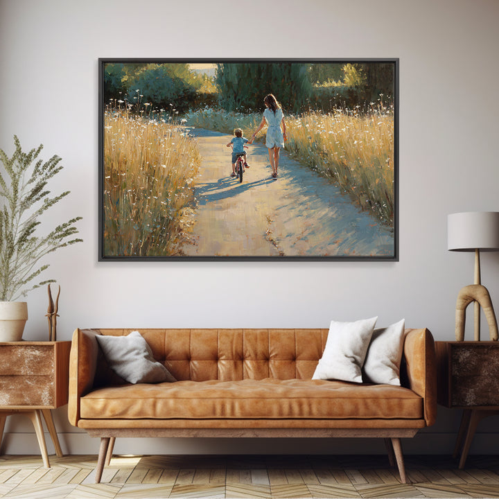 Mother Walking With Child On Bicycle Canvas Print, Golden Meadow Path Wall Art, Rustic Country Decor, Gift For Mom, Home Decor