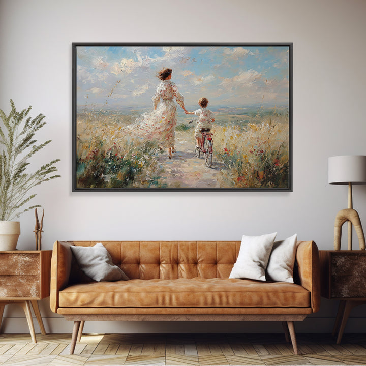 Mother And Child Cycling By Seaside Wildflowers Wall Art, Impressionist Coastal Canvas, Family Gift, Living Room Decor, Housewarming Gift
