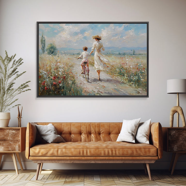Mother Walking Beside Child On Bicycle Canvas Print, Impressionist Meadow Landscape, Coastal Wall Decor, Gift For Her, Fine Art