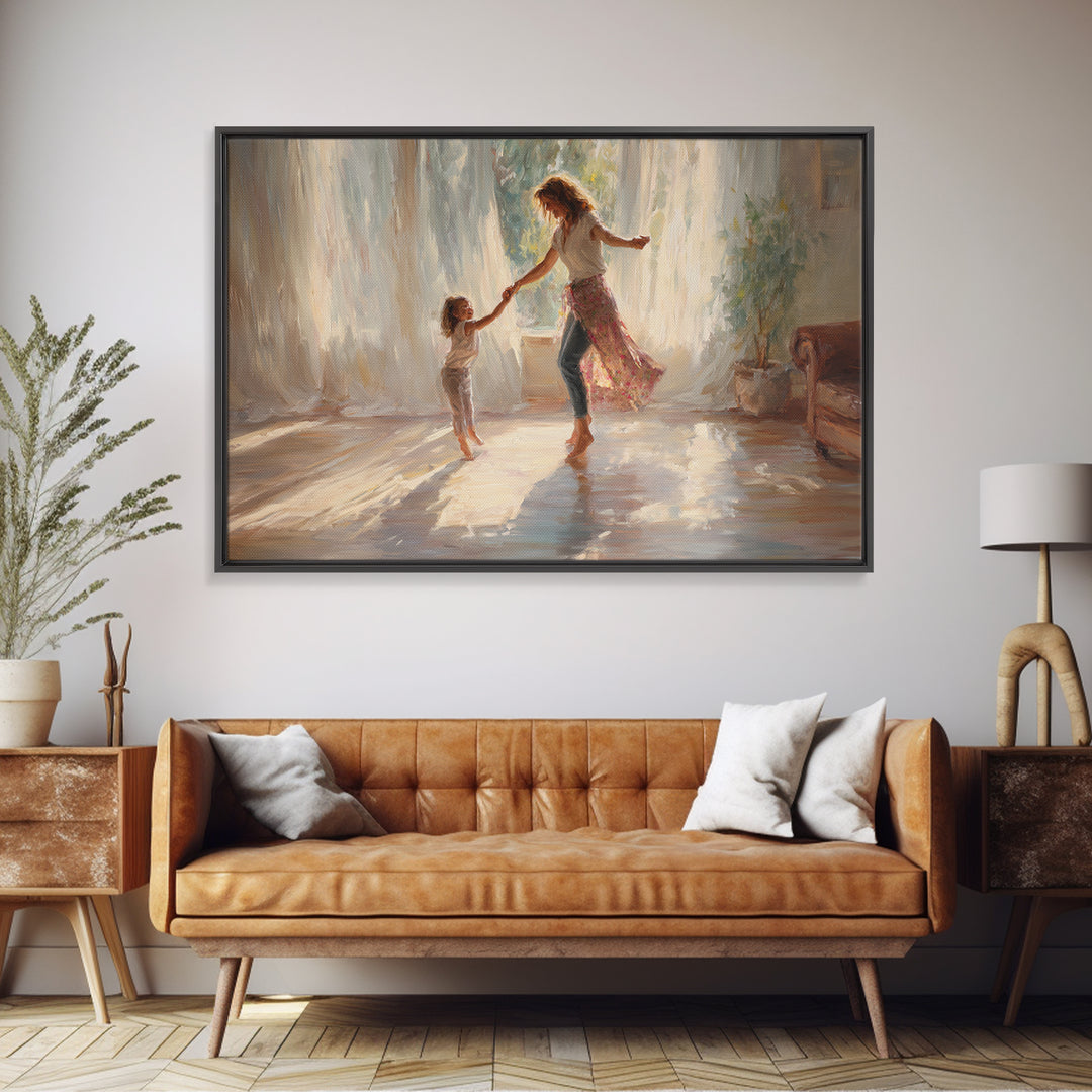Sunlit Mother And Daughter Dancing Wall Art, Impressionist Family Painting, Feminine Bedroom Decor, Gift For Mom, Home Decor