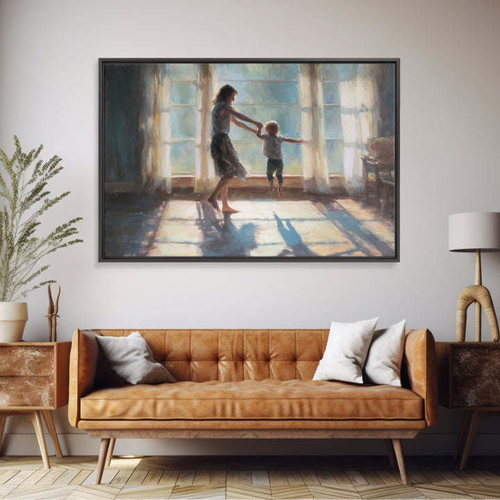 Mother Lifting Toddler In Sunlit Windows Framed Canvas Print, Impressionist Family Wall Decor, Nursery Art, Gift For Her