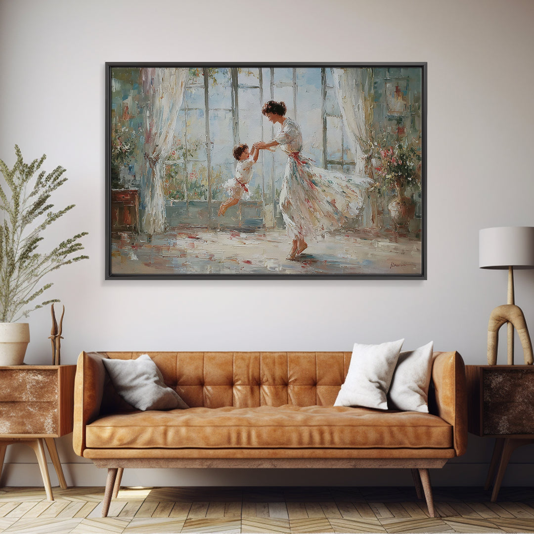 Mother And Child Dancing In Bright Floral Room Wall Art, Impressionist Family Painting, Feminine Decor, Gift For Her, Fine Art