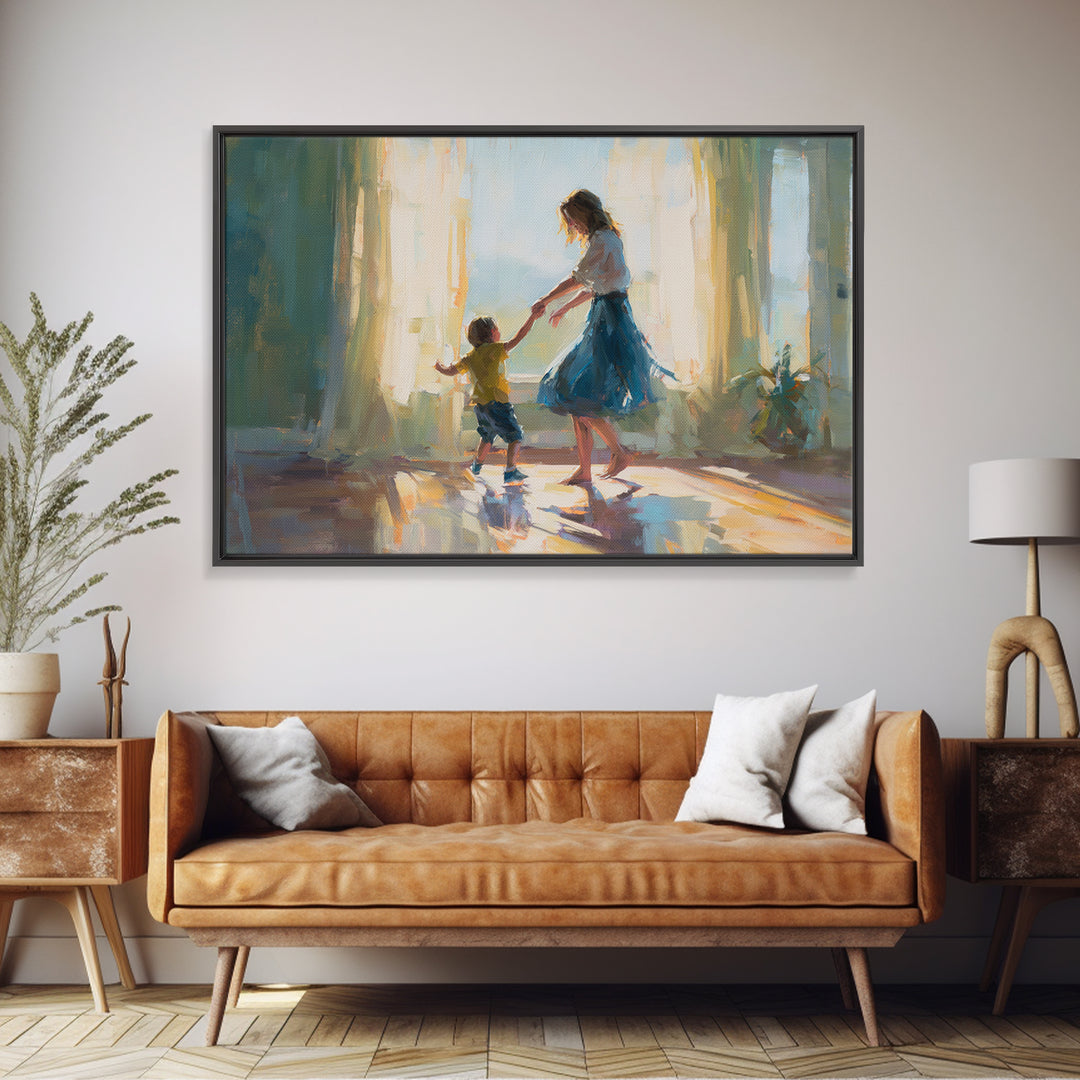 Mother Dancing With Little Boy In Sunlit Room Canvas Print, Impressionist Family Wall Decor, Bedroom Art, Gift For Mom, Home Decor