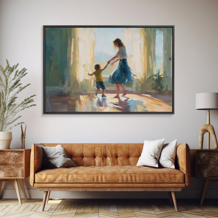 Mother Dancing With Little Boy In Sunlit Room Canvas Print, Impressionist Family Wall Decor, Bedroom Art, Gift For Mom, Home Decor