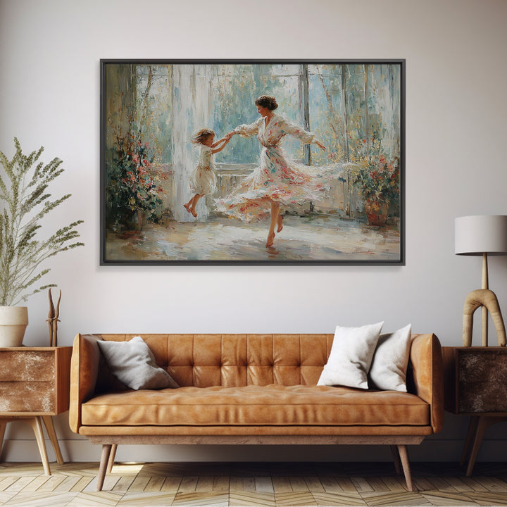 Mother And Daughter Twirling In Sunlit Flower Room Wall Art, Impressionist Family Painting, Feminine Decor, Gift For Mom