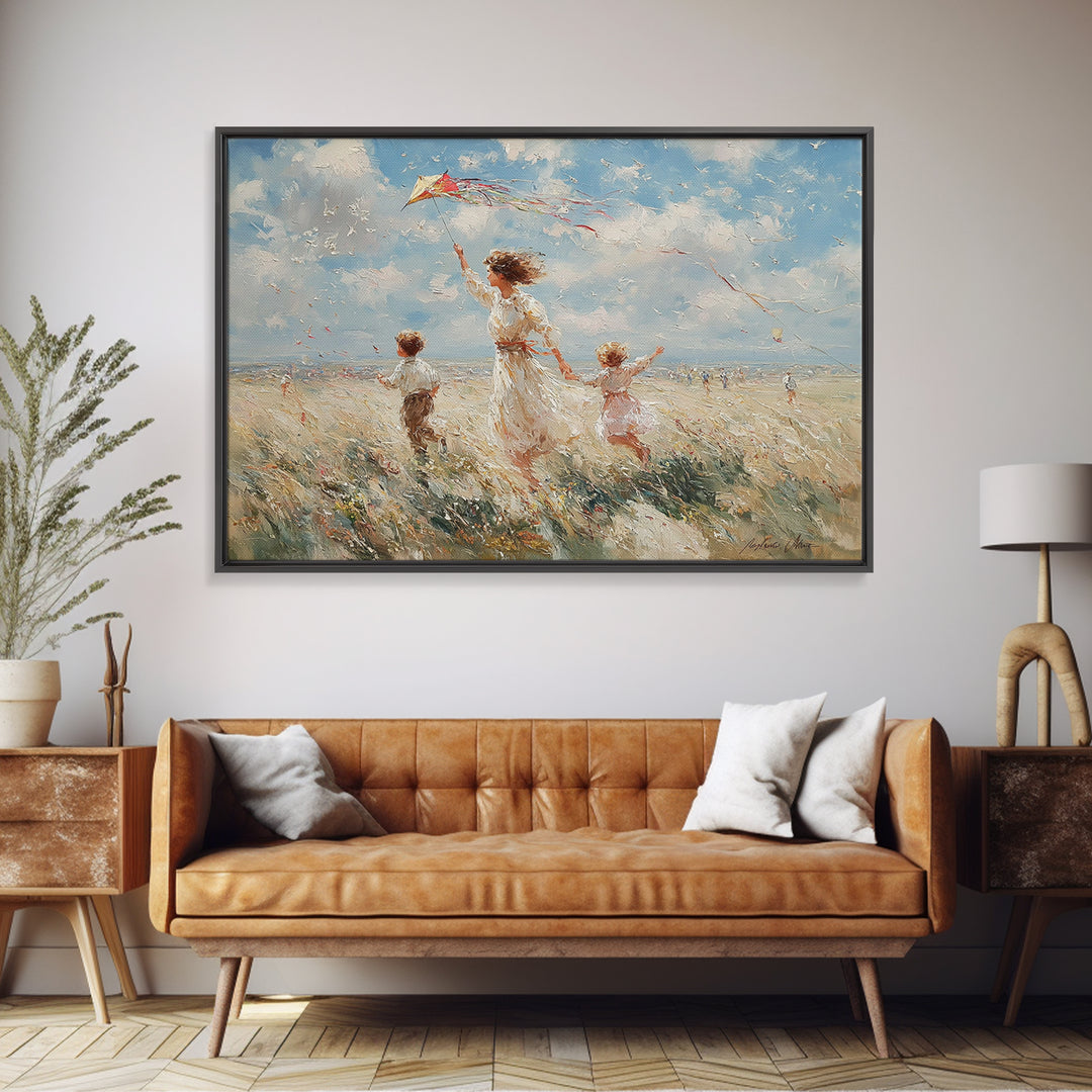Mother Flying Kite With Children On Beach Wall Art, Impressionist Coastal Landscape, Family Gift, Beach House Decor, Canvas