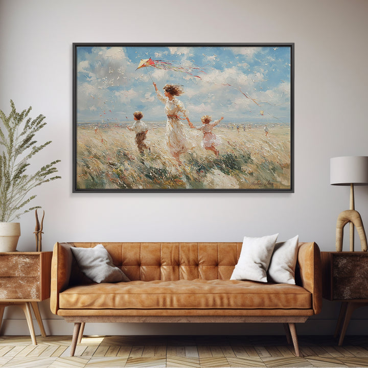 Mother Flying Kite With Children On Beach Wall Art, Impressionist Coastal Landscape, Family Gift, Beach House Decor, Canvas