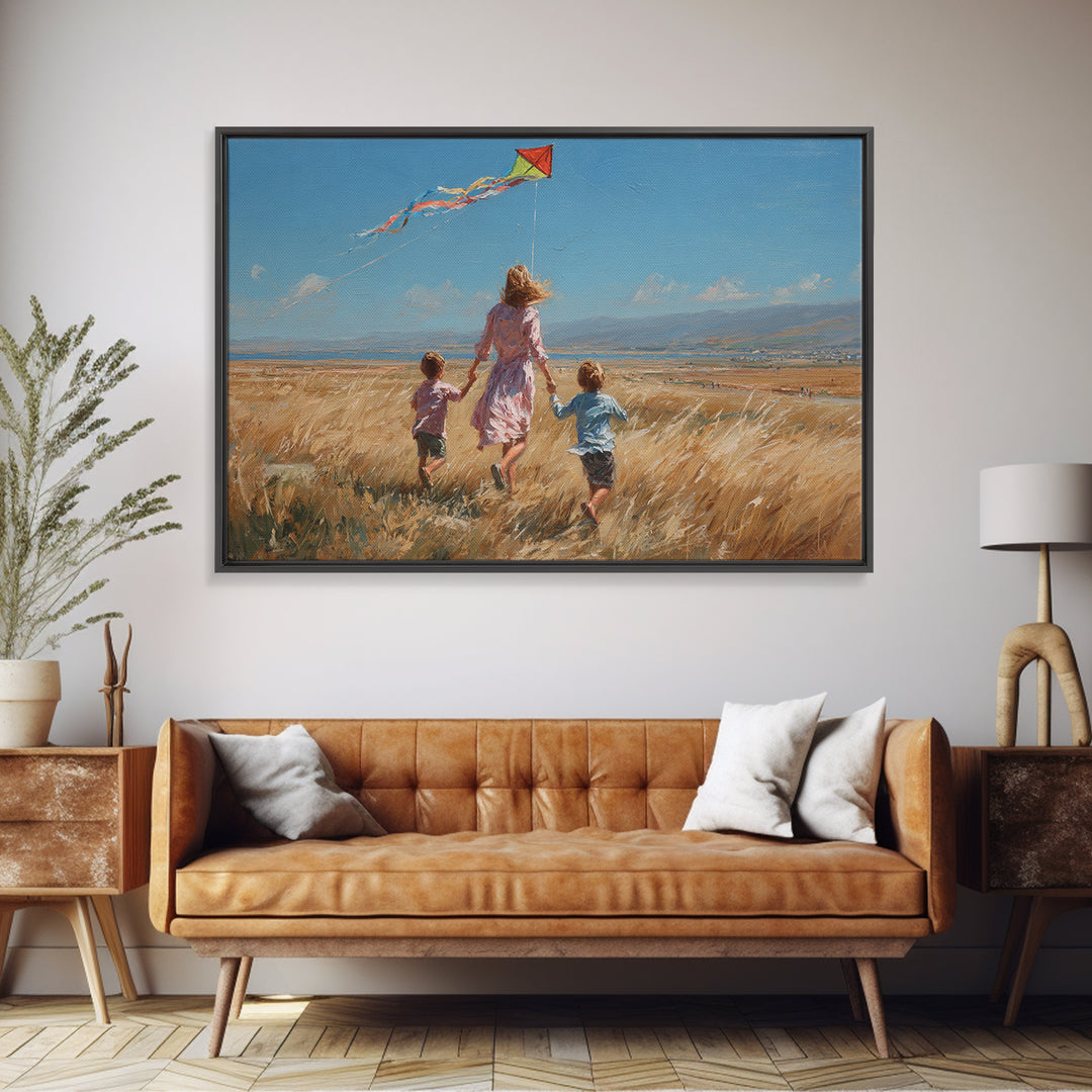 Mother And Children Running With Kite Through Golden Field Canvas Print, Impressionist Landscape, Family Gift, Farmhouse Decor