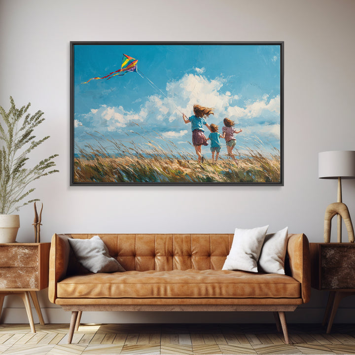 Three Children Running With Rainbow Kite Canvas Print, Breezy Coastal Field Wall Art, Kids Room Decor, Nursery Art, Gift For Her