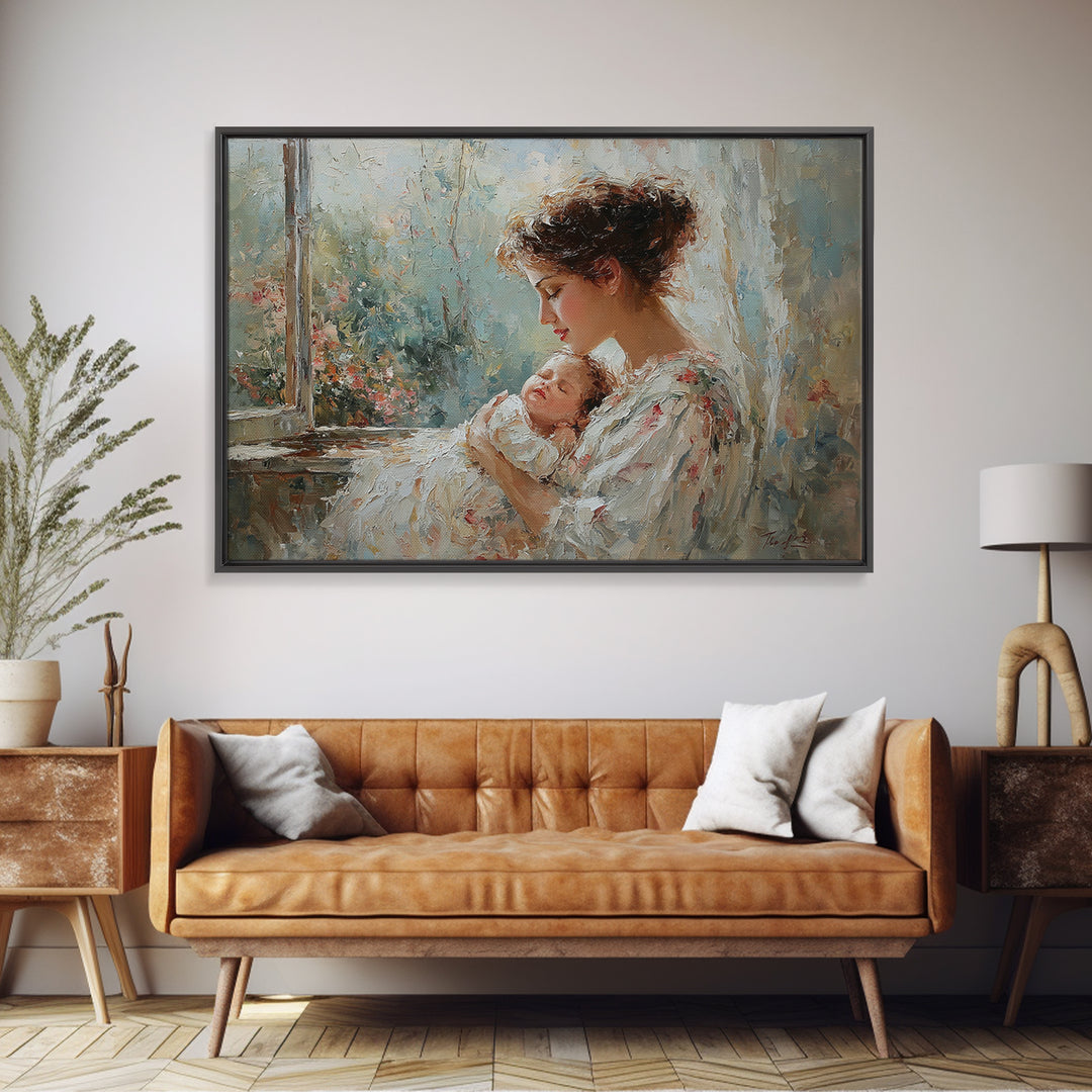 Mother Cradling Sleeping Newborn By Garden Window Framed Canvas Print, Feminine Wall Art, Baby Nursery Decor, Gift For Mom