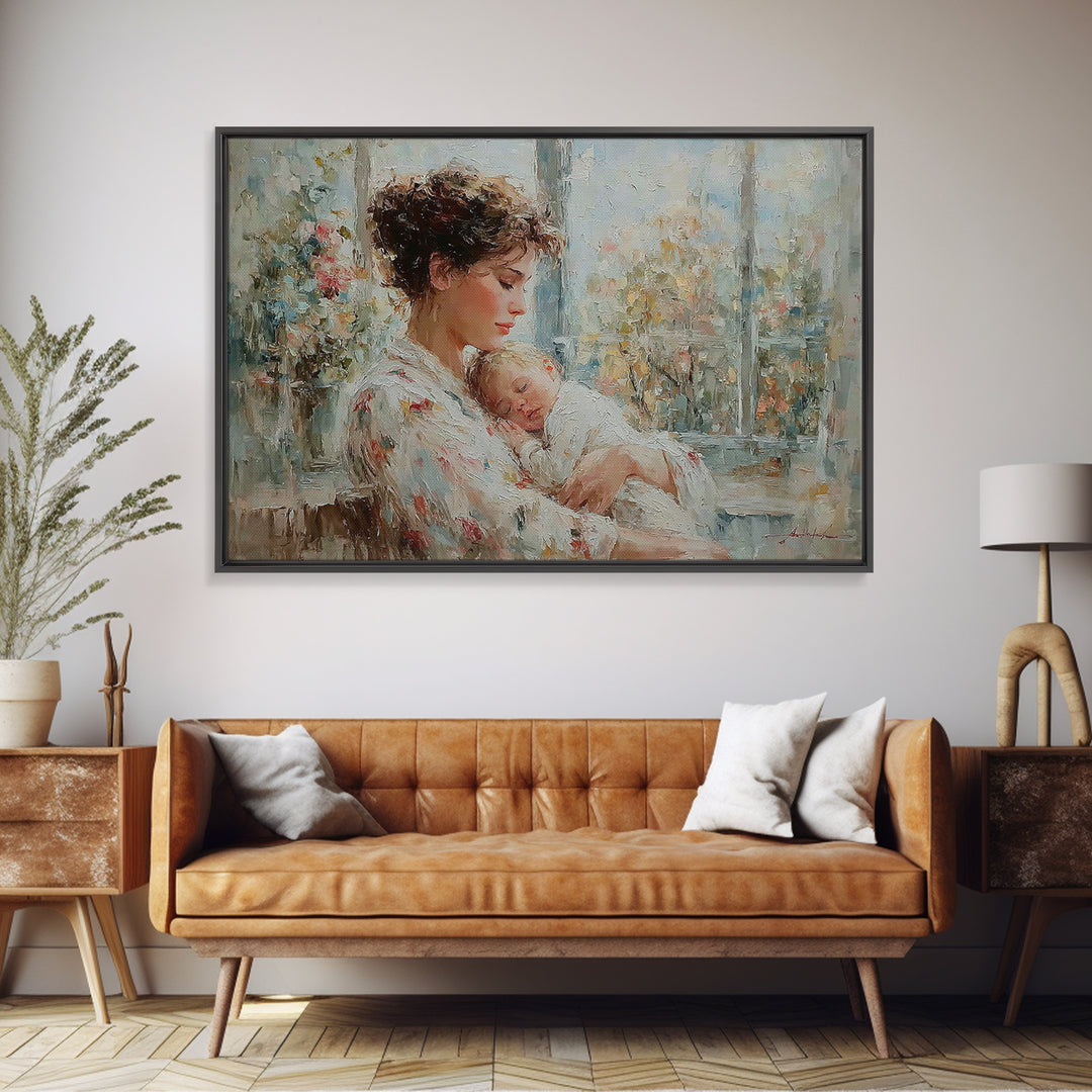 Tender Mother Holding Sleeping Baby Beside Bright Window Wall Art, Impressionist Nursery Decor, Feminine Art, Gift For Her