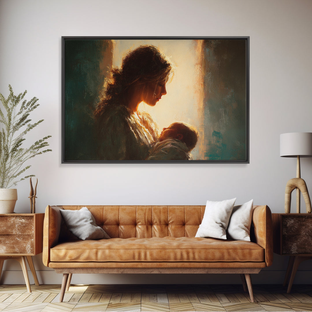 Backlit Mother Holding Newborn In Warm Window Light Wall Art, Moody Portrait, Spiritual Home Decor, Gift For Mom, Nursery Art