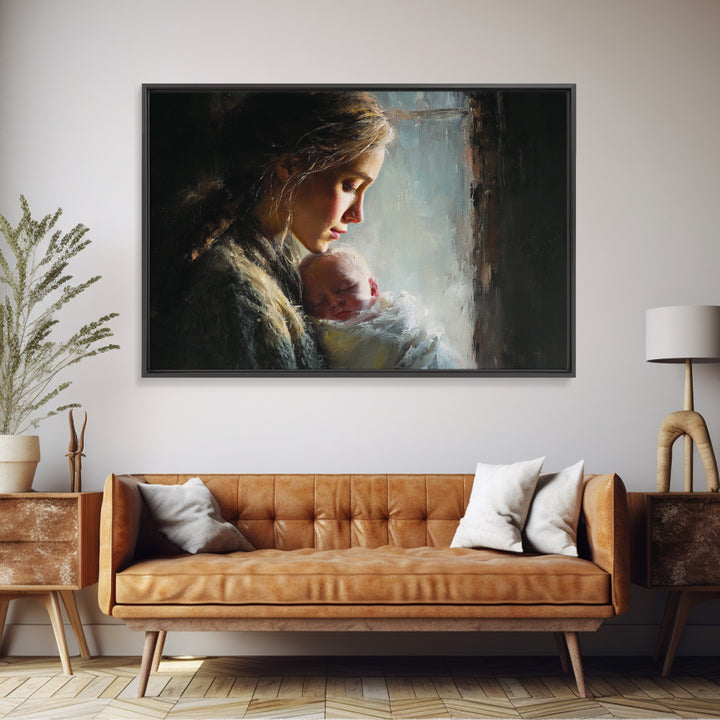 Moody Mother And Sleeping Baby By Rainy Window Framed Canvas Print, Dark Academia Wall Art, Nursery Decor, Gift For Mom, New Baby Gift