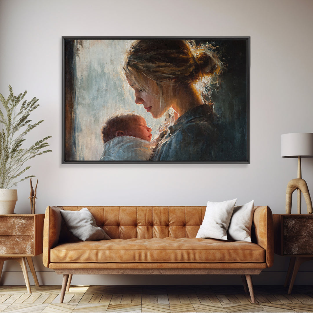 Soft Mother And Newborn Portrait In Window Light Canvas Print, Feminine Wall Art, Baby Nursery Decor, Gift For Mom, New Baby Gift