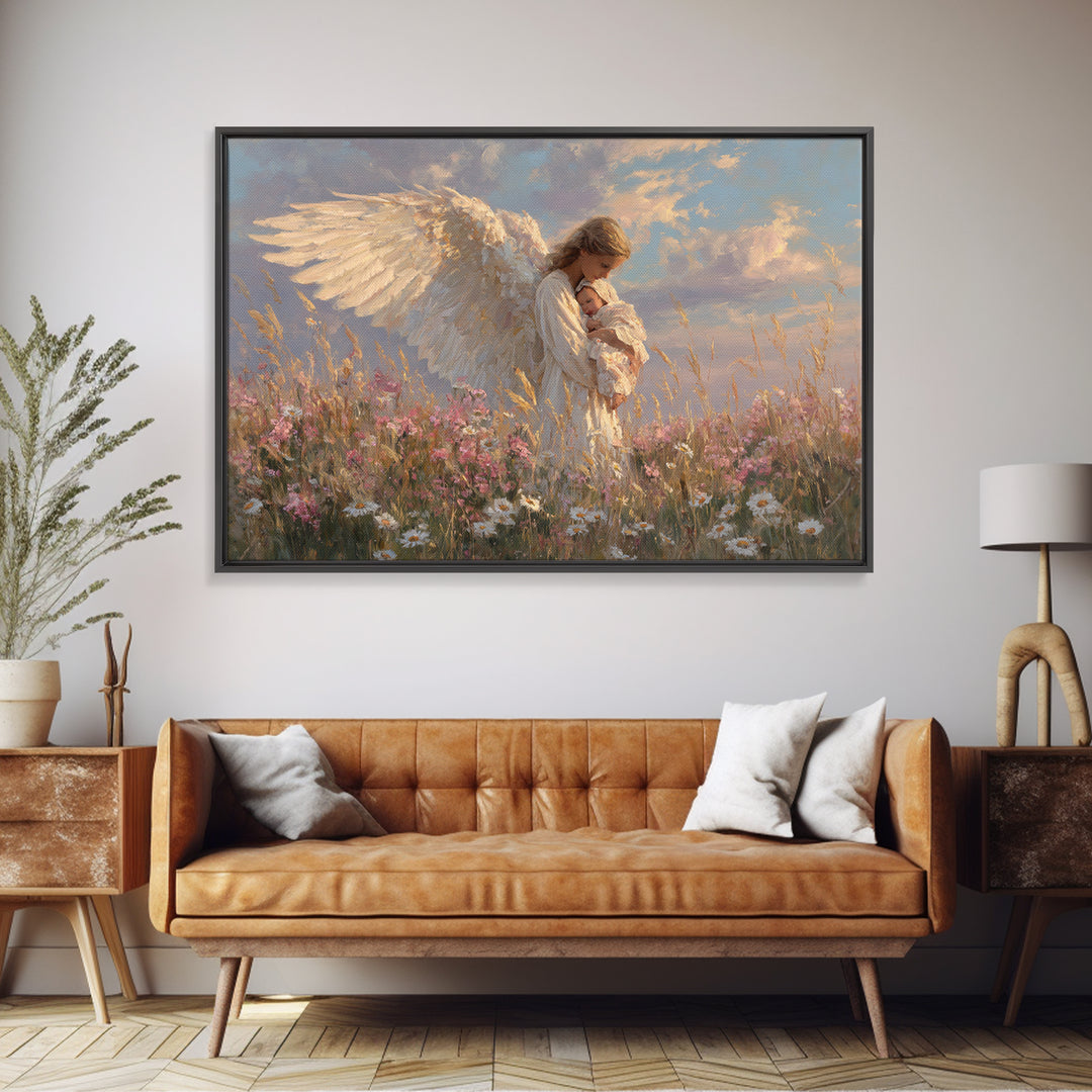 Guardian Angel Holding Baby In Wildflower Meadow Wall Art, Spiritual Nursery Decor, Christian Art Print, Baptism Gift For Her